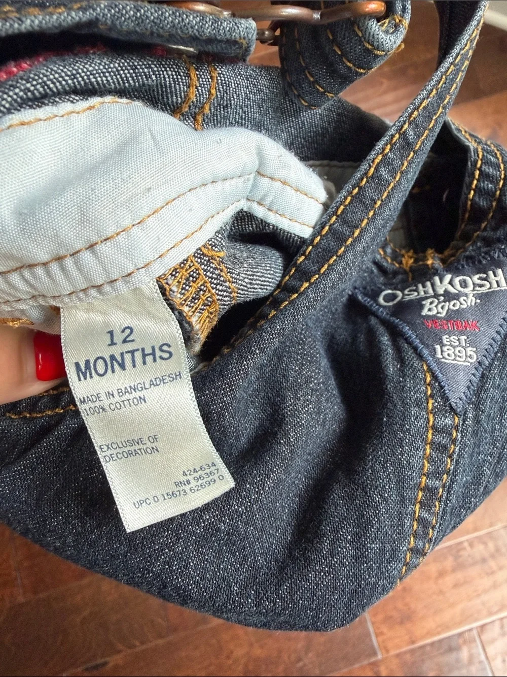 OshKosh B'gosh Dark Blue Denim Overalls with Red Embroidery